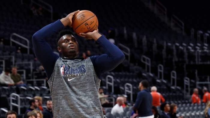 New Orleans Pelicans forward Zion Williamson during warm ups prior to the game against the Detroit Pistons at Little Caesars Arena.