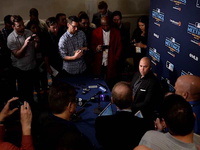 Carlos Beltran fielding questions from the media