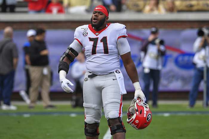 Nov 30, 2019; Atlanta, GA, USA; Georgia Bulldogs offensive lineman Andrew Thomas (71) prior to the game against the Georgia Tech Yellow Jackets at Bobby Dodd Stadium.