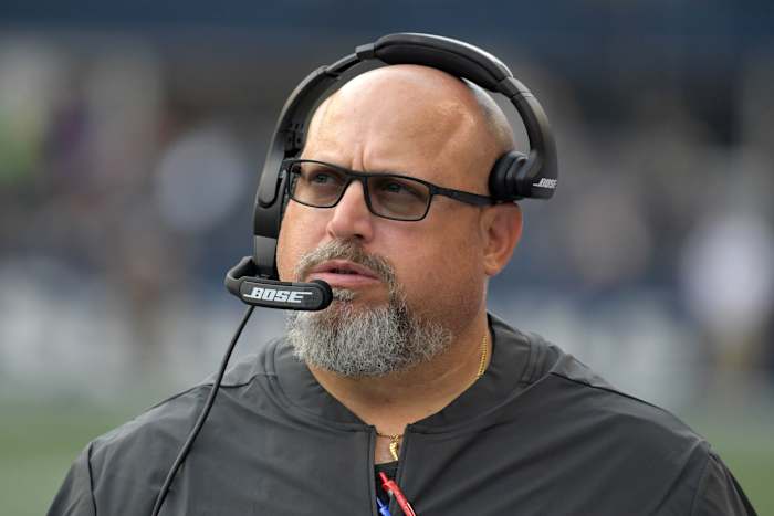 Aug 9, 2018; Seattle, WA, USA; Indianapolis Colts defensive line coach Dave DeGuglielmo reacts during a preseason game against the Seattle Seahawks at CenturyLink Field. The Colts defeated the Seahawks 19-17.