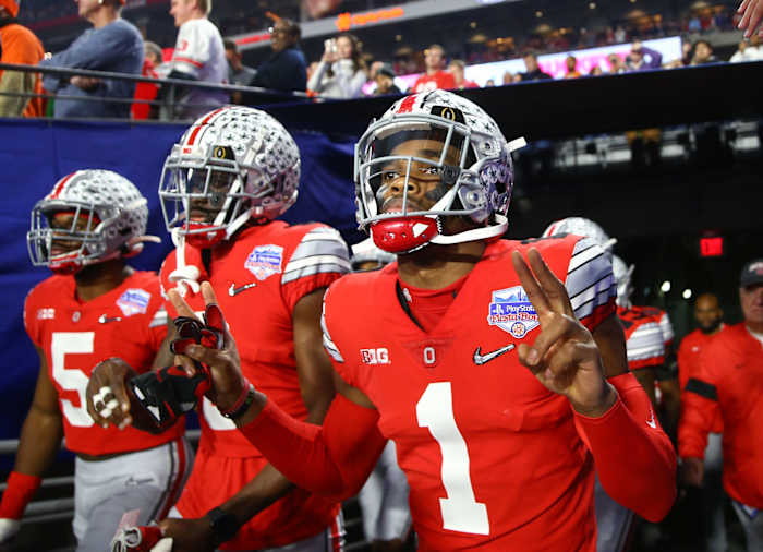 Dec 28, 2019; Glendale, AZ, USA; Ohio State Buckeyes cornerback Jeff Okudah (1) during the 2019 Fiesta Bowl college football playoff semifinal game against the Clemson Tigers at State Farm Stadium.