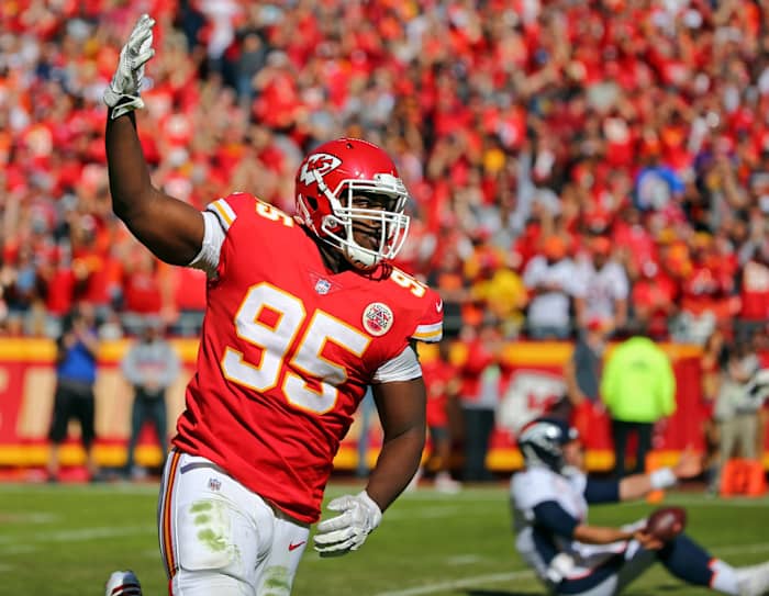Oct 28, 2018; Kansas City, MO, USA; Kansas City Chiefs defensive end Chris Jones (95) celebrates after sacking Denver Broncos quarterback Case Keenum (4) in the second half at Arrowhead Stadium. Mandatory Credit: Jay Biggerstaff-USA TODAY Sports