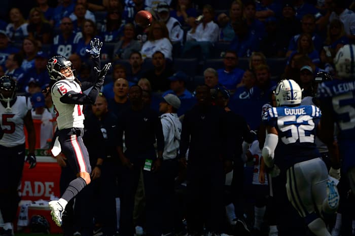 Texans receiver Will Fuller leaps to make a catch against the Colts in the 2018 season.