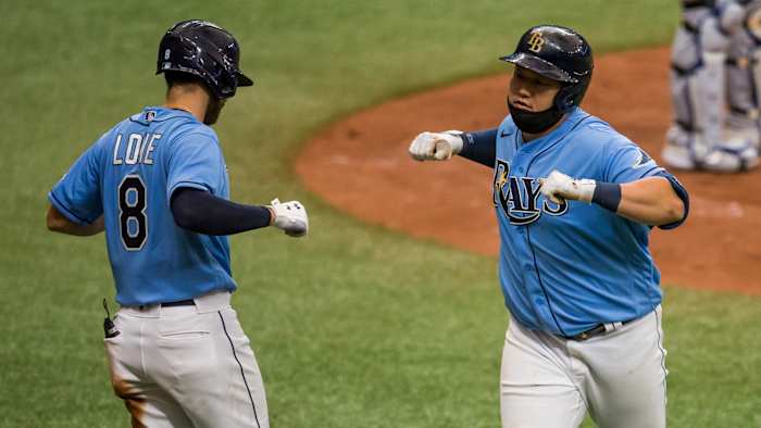 Rays' Ji-Man Choi crosses the plate after hitting a home run