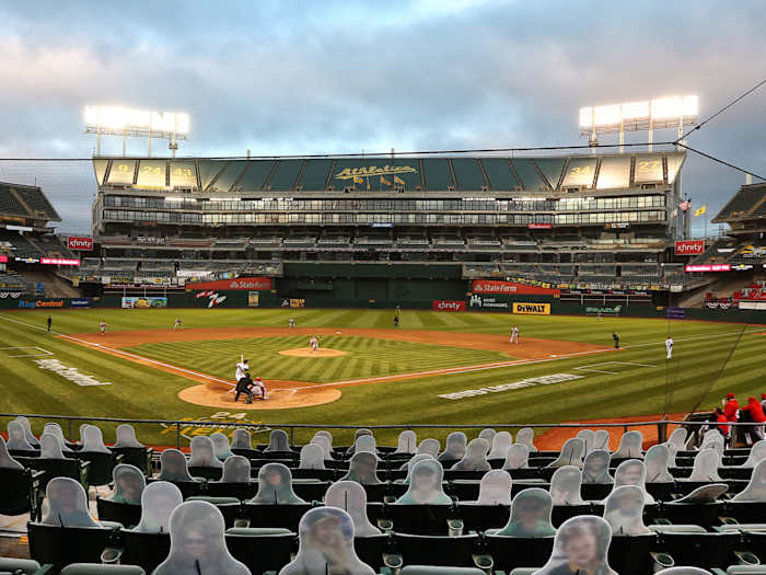 A wide shot of the Oakland Coliseum