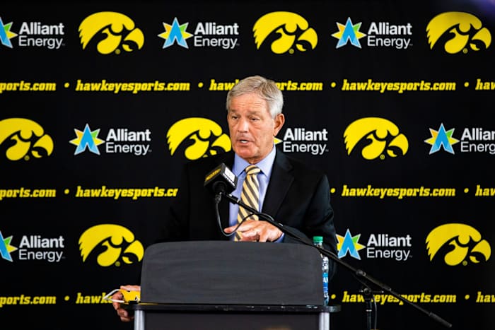 Iowa football coach Kirk Ferentz speaks during Thursday's press conference. (Katina Zentz/Iowa City Press-Citizen-Imagn Content Services
