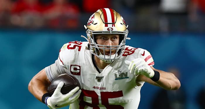 San Francisco 49ers tight end George Kittle (85) runs after a reception against the Kansas City Chiefs in Super Bowl LIV at Hard Rock Stadium.