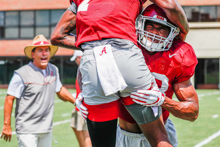 Josh Jobe goes through a drill during an Alabama practice