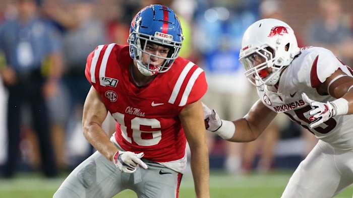 Luke Knox bends the edge in the Ole Miss home opener against Arkansas (Josh McCoy, Ole Miss Athletics)