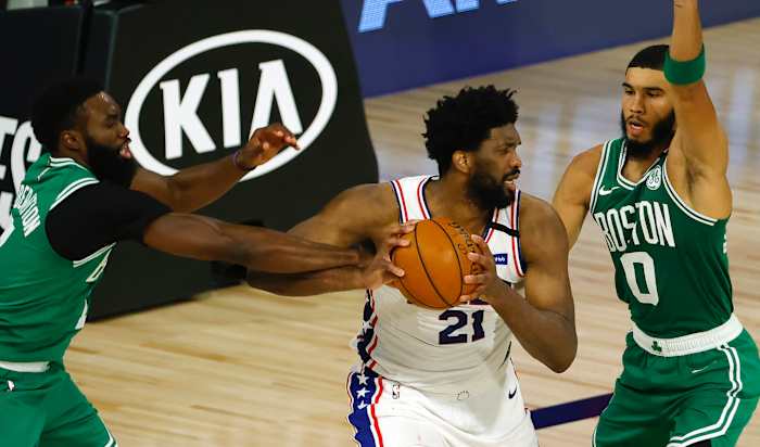 Joel Embiid #21 of the Philadelphia 76ers is pressured by Jaylen Brown #7 and Jayson Tatum #0 of the Boston Celtics during the second quarter in game two of the first round of the 2020 NBA Playoffs