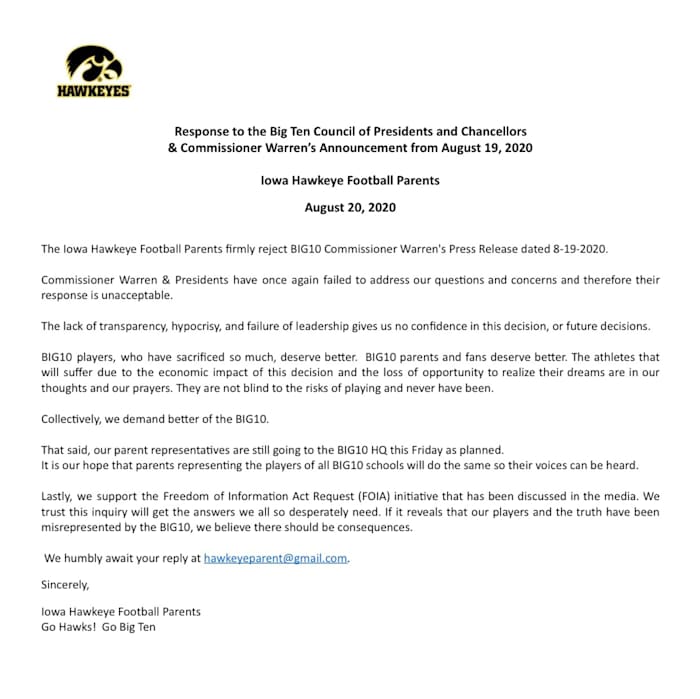 Iowa football parents penned this letter to Big Ten commissioner Kevin Warren Thursday, rejecting his open letter from Wednesday.