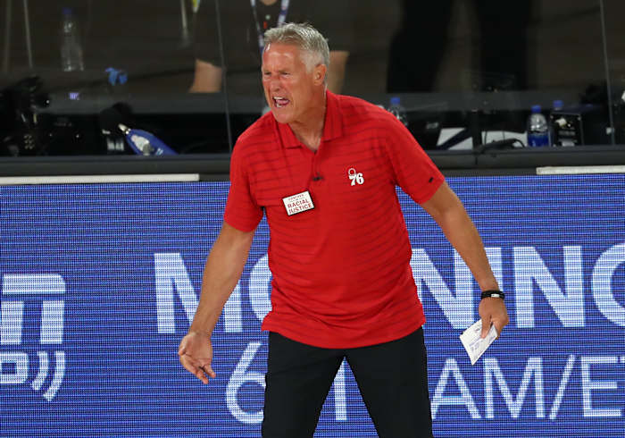 Philadelphia 76ers head coach Brett Brown reacts after receiving a technical foul against the Boston Celtics during the third quarter in game four of an NBA basketball first-round playoff series
