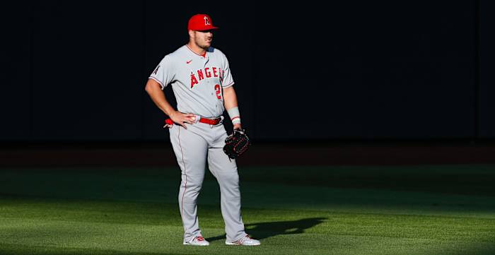 Los Angeles Angels center fielder Mike Trout (27) waits between pitches against the Seattle Mariners during the first inning at T-Mobile Park.