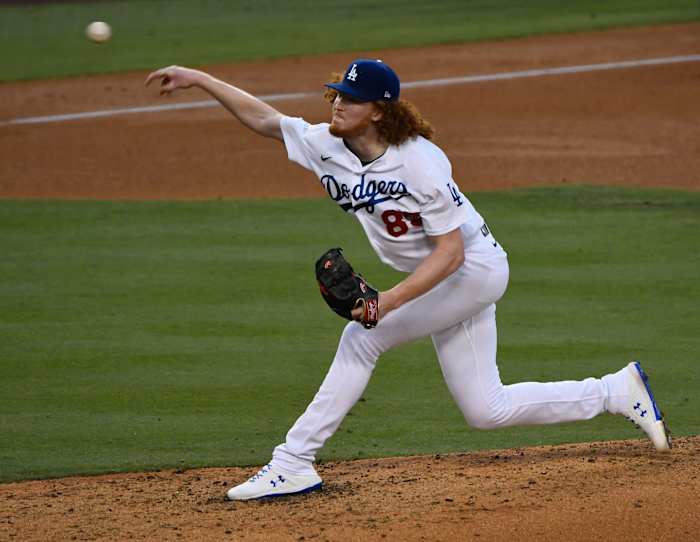 Aug 22, 2020; Los Angeles, California, USA; Los Angeles Dodgers starting pitcher Dustin May (85) throws in the third inning in the Dodgers 4-3 win over the Colorado Rockies at Dodger Stadium. Mandatory Credit: Robert Hanashiro-USA TODAY Sports