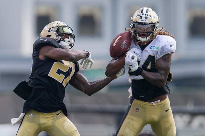 Saints Malcolm Jenkins battles WR Lil' Jordan Humphrey