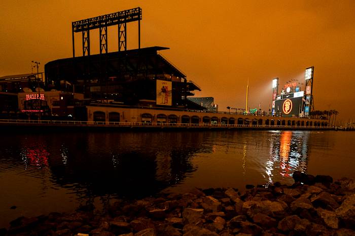Smoke filled sky at Giants' Oracle Park