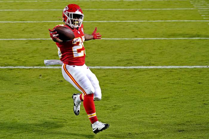 Sep 10, 2020; Kansas City, Missouri, USA; Kansas City Chiefs running back Clyde Edwards-Helaire (25) celebrate scoring a touchdown during the second half against the Houston Texans at Arrowhead Stadium. Mandatory Credit: Denny Medley-USA TODAY Sports