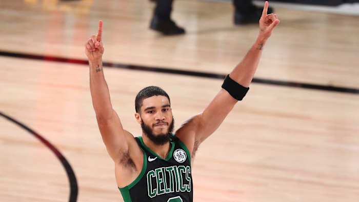 Boston Celtics forward Jayson Tatum (0) celebrates after defeating the Toronto Raptors in game seven of the second round of the 2020 NBA Playoffs at ESPN Wide World of Sports Complex.