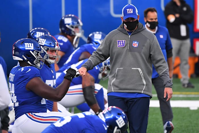 Sep 14, 2020; East Rutherford, New Jersey, USA; New York Giants head coach Joe Judge walks on the field prior to the game against the Pittsburgh Steelers at MetLife Stadium.