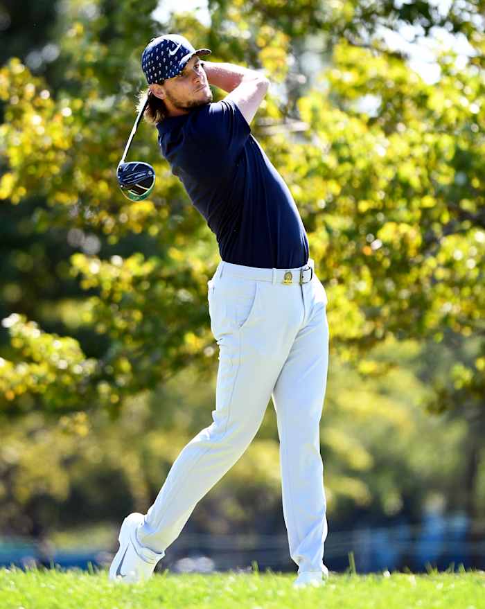Thomas Pieters plays his shot from the second tee during the third round of the U.S. Open golf tournament at Winged Foot Golf Club - West.