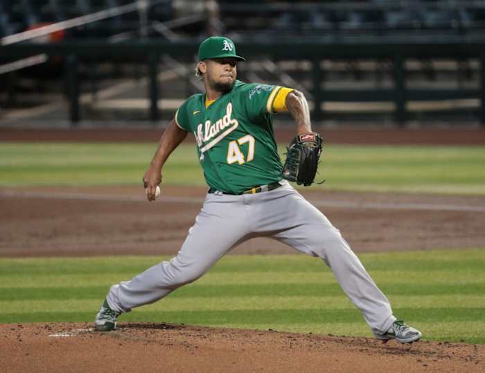 Oakland Athletics starting pitcher Frankie Montas (47) throws a pitch against the Arizona Diamondbacks during the first inning at Chase Field Aug 18, 2020. Athletics Vs Diamondbacks