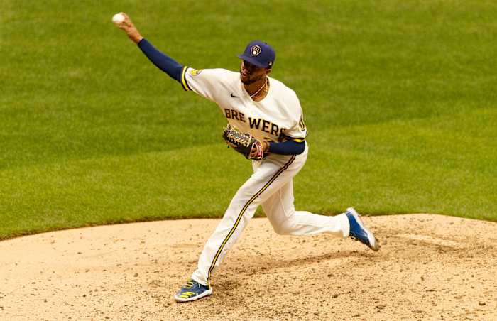 Milwaukee Brewers pitcher Devin Williams (38) throws a pitch during the eighth inning against the Cincinnati Reds at Miller Park.