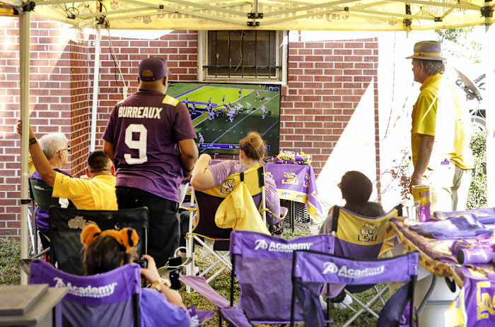 LSU fans tailgate off-campus and watch the Tigers' 2020 season opener