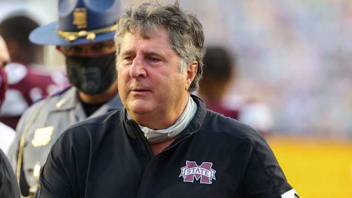 Mississippi State Bulldogs head coach Mike Leach following a 44-34 win against the LSU Tigers at Tiger Stadium.