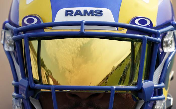 Aug 18, 2020; Thousand Oaks California, USA; A general view of a reflection in the Oakley visor of the Los Angeles Rams helmet of running back Cam Akers during training camp at Cal Lutheran University.