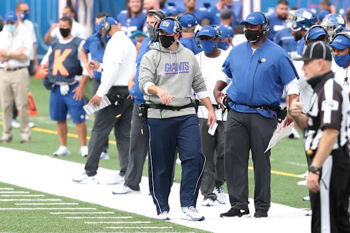 Sep 27, 2020; East Rutherford, New Jersey, USA; New York Giants head coach Joe Judge looks on during the second half against the San Francisco 49ers at MetLife Stadium.