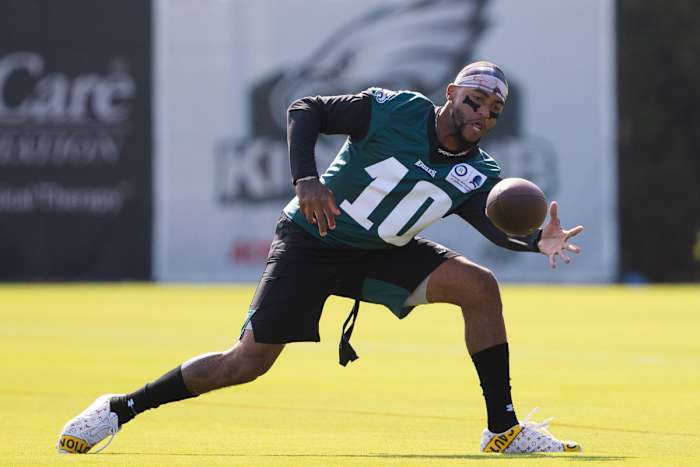 Eagles wide receiver DeSean Jackson catches the ball during training camp at Novacare Complex.