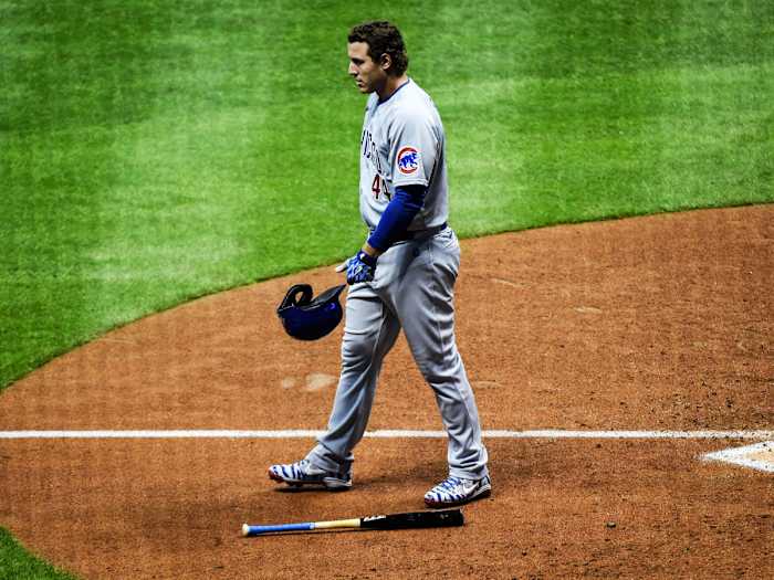 Sep 11, 2020; Milwaukee, Wisconsin, USA;  Chicago Cubs first baseman Anthony Rizzo (44) reacts after striking out in the eighth inning against the Milwaukee Brewers at Miller Park.