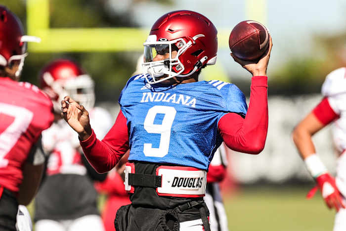 Michael Penix Jr. throws the ball during Indiana's fall camp on Oct. 6.