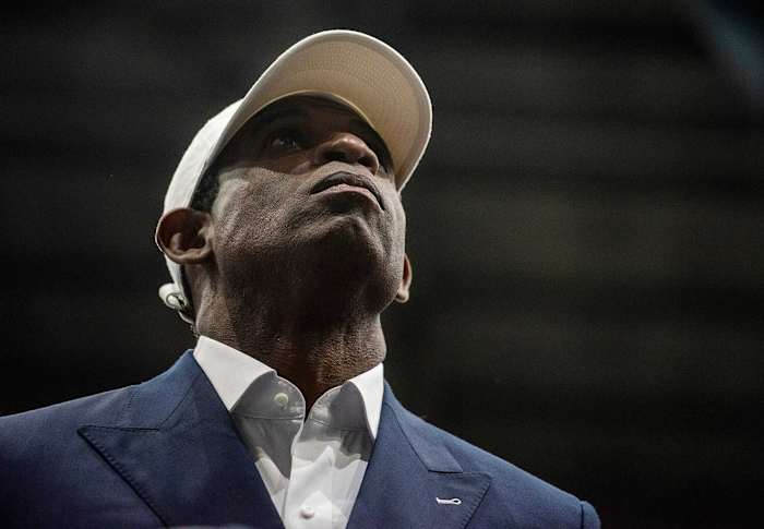 Deion Sanders at his intro press conference at Jackson State