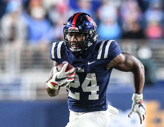 Ole Miss running back Snoop Conner (24) runs for a first down against Alabama at Vaught-Hemingway Stadium in Oxford, Miss. on Saturday, October 10, 2020. (Bruce Newman)