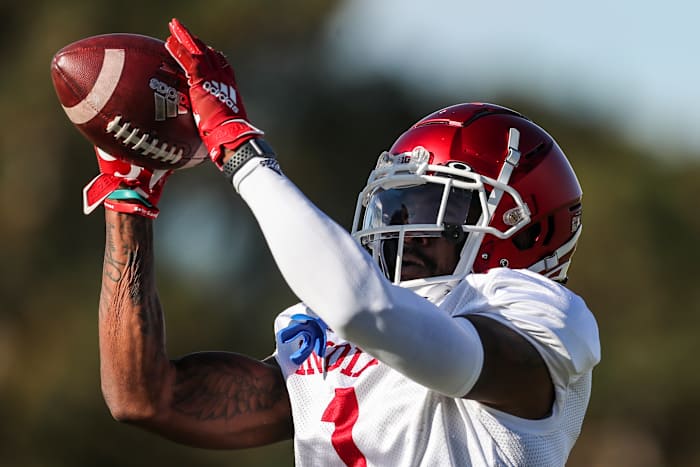 Indiana wide receiver Whop Philyor catches the ball during Indiana's practice on Sept. 30.