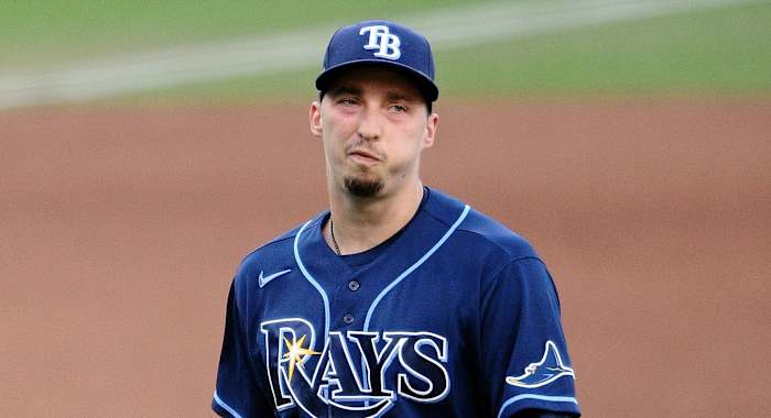 Tampa Bay Rays starting pitcher Blake Snell (4) reacts after being taken out of the game against the Houston Astros during the fifth inning during game six of the 2020 ALCS at Petco Park.