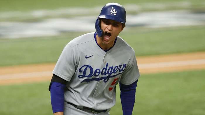 Los Angeles Dodgers shortstop Corey Seager (5) celebrates a two run homerun against the Atlanta Braves during the seventh inning in game five of the 2020 NLCS at Globe Life Field.