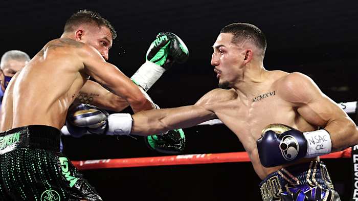 Vasiliy Lomachenko fights Teofimo Lopez Jr in their Lightweight World Title bout at MGM Grand Las Vegas Conference Center on October 17, 2020 in Las Vegas, Nevada.