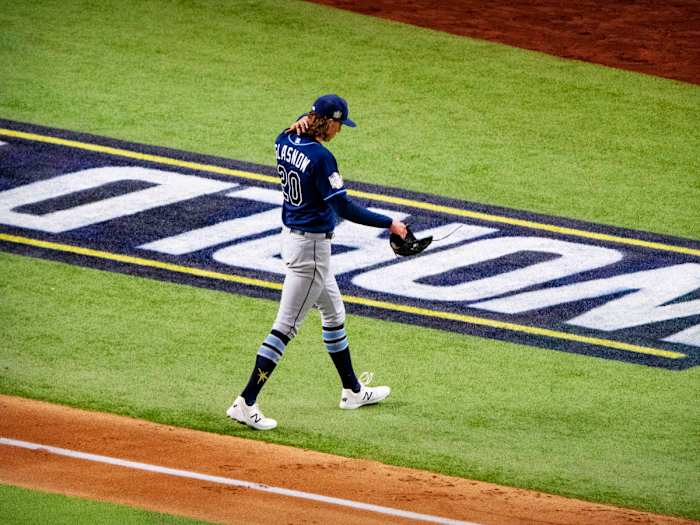 Oct 20, 2020; Arlington, Texas, USA; Tampa Bay Rays starting pitcher Tyler Glasnow (20) leaves the game against the Los Angeles Dodgers during the fifth inning in game one of the 2020 World Series at Globe Life Field.