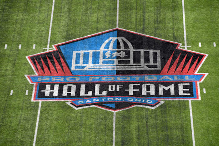 Pro Football Hall of Fame logo at the Tom Benson Hall of Fame Stadium, Canton, Ohio