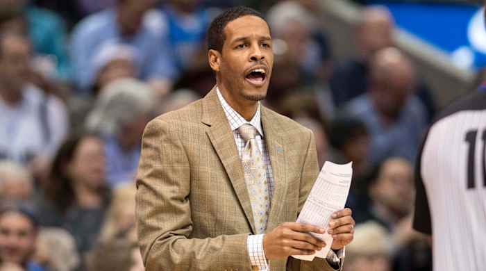 Dallas Mavericks assistant coach Stephen Silas yells to his team during the second half against the Atlanta Hawks at the American Airlines Center. Silas takes over for head coach Rick Carlisle