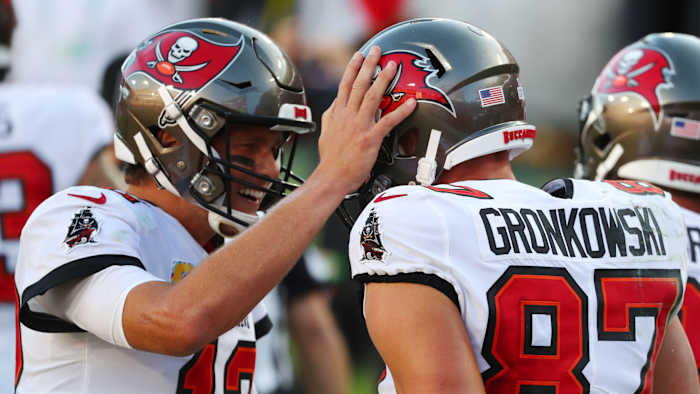 Tom Brady and Rob Gronkowski celebrate after a touchdown