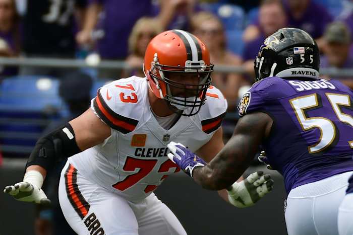 Browns offensive tackle Joe Thomas (73) blocks Ravens outside linebacker Terrell Suggs (55) during a 2017 game at M&T Bank Stadium.