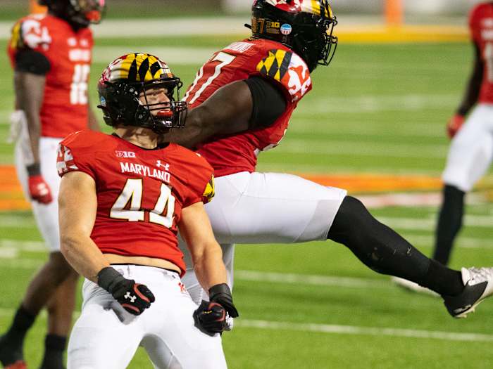 Maryland Terrapins linebacker Chance Campbell (44) reacts after the play during the fourth quarter against the Maryland Terrapins A\ quarter at Capital One Field at Maryland Stadium.