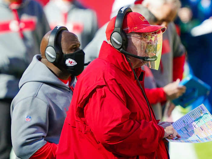 Nov 1, 2020; Kansas City, Missouri, USA; Kansas City Chiefs head coach Andy Reid and offensive coordinator Eric Bieniemy look on from the sideline during the first half against the New York Jets at Arrowhead Stadium. Mandatory Credit: Jay Biggerstaff-USA TODAY Sports