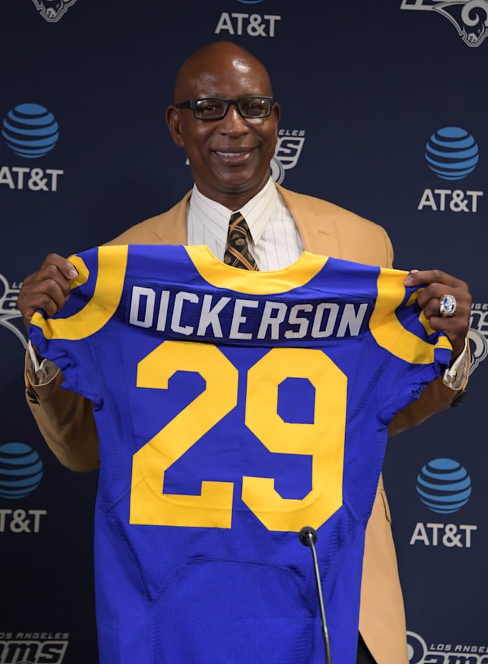 Former Rams running back Eric Dickerson poses with No. 29 jersey during a press conference after signing a one-day contract to retire as a member of the Rams at Cal Lutheran University on August 29, 2017.