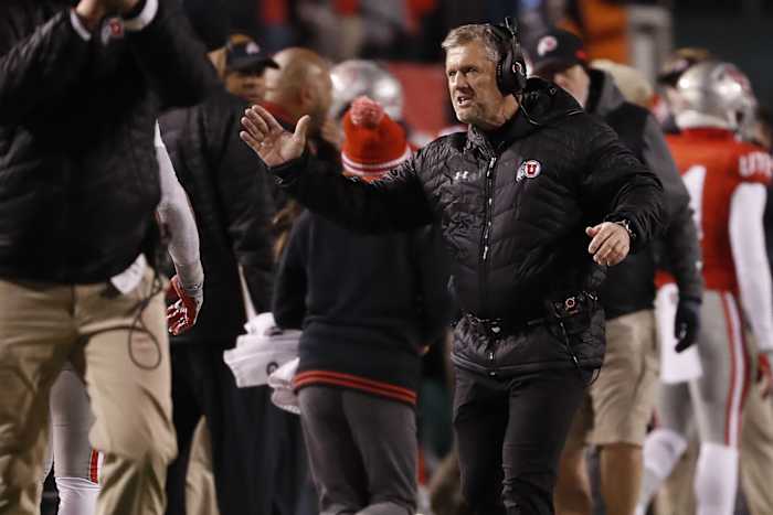 Nov 30, 2019; Salt Lake City, UT, USA; Utah Utes head coach Kyle Whittingham celebrates after a third quarter touchdown against the Colorado Buffaloes at Rice-Eccles Stadium.