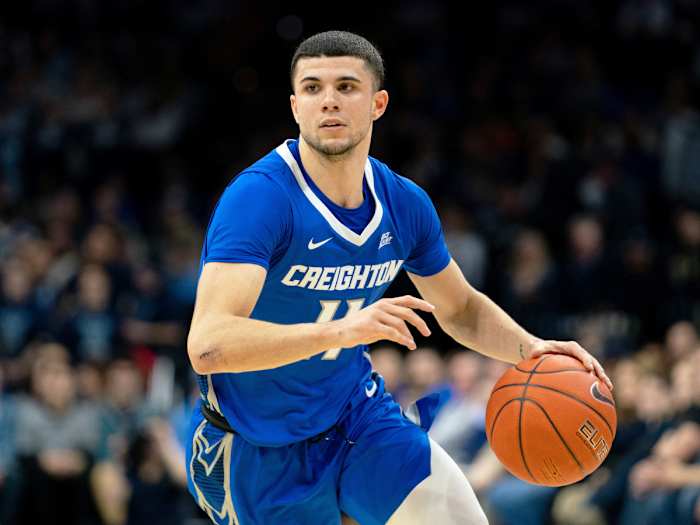 Feb 1, 2020; Philadelphia, Pennsylvania, USA; Creighton Bluejays guard Marcus Zegarowski (11) dribbles against the Villanova Wildcats during the first half at Wells Fargo Center.