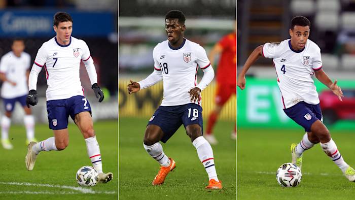 USA's Gio Reyna, Yunus Musah and Tyler Adams